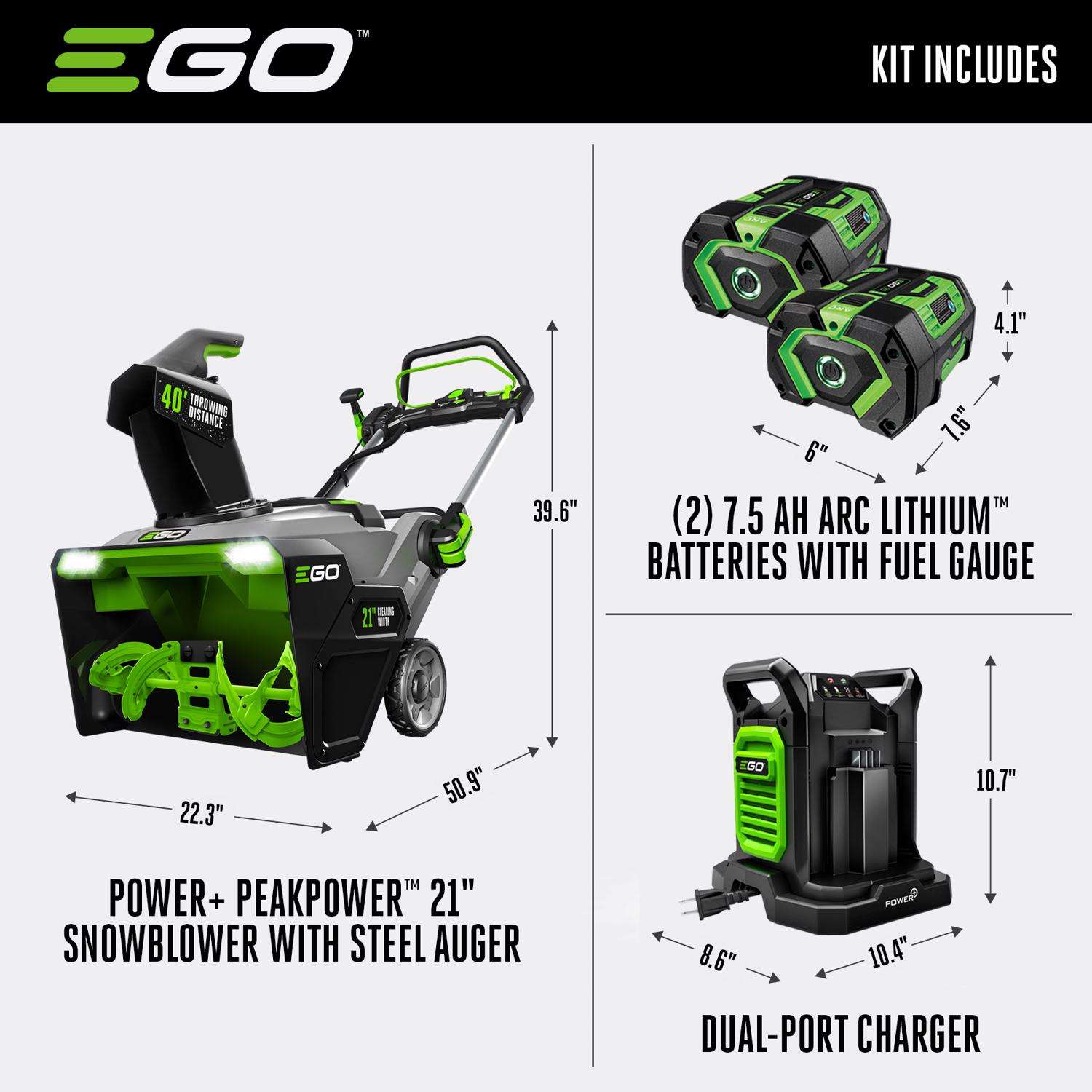 EGO Power+ Peak Power SNT2114 21 in. Single stage 56 V Battery Snow Blower Kit (Battery & Charger) W/ STEEL AUGER & TWO 7.5 AH BATTERIES