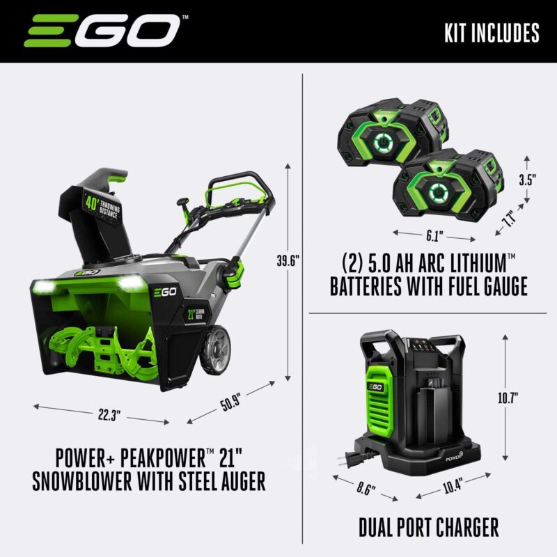 EGO Power+ Peak Power SNT2112 21 in. Single stage 56 V Battery Snow Blower Kit (Battery & Charger) W/ STEEL AUGER & TWO 5.0 AH BATTERIES