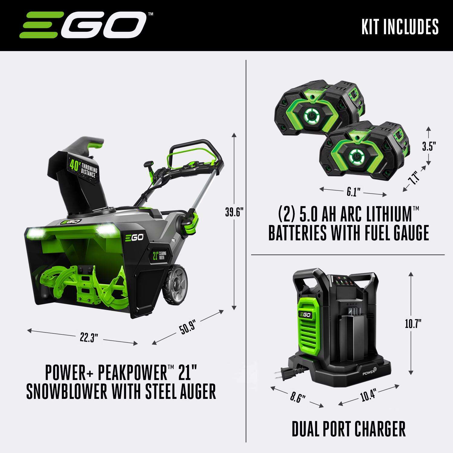 EGO Power+ Peak Power SNT2112 21 in. Single stage 56 V Battery Snow Blower Kit (Battery & Charger) W/ STEEL AUGER & TWO 5.0 AH BATTERIES